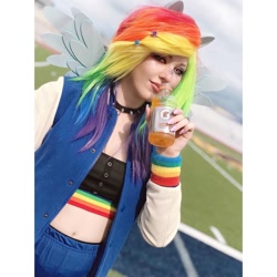 Size: 1080x1080 | Tagged: safe, imported from derpibooru, rainbow dash, human, belly button, clothes, cosplay, costume, drink, gatorade, irl, irl human, multicolored hair, photo, rainbow hair