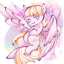 Size: 768x768 | Tagged: safe, artist:tanukei0815, imported from derpibooru, oc, oc only, oc:milky berry, pegasus, pony, female, heart, looking at you, mare, one eye closed, pegasus oc, solo, wink, winking at you, zoom layer