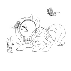 Size: 1400x1400 | Tagged: safe, artist:destroyer_aky, imported from derpibooru, fluttershy, butterfly, mouse, pegasus, pony, rabbit, squirrel, animal, boop, female, lineart, mare, simple background, sketch, white background