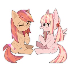 Size: 1400x1400 | Tagged: safe, artist:destroyer_aky, imported from derpibooru, oc, oc only, oc:milky berry, earth pony, pegasus, pony, duo, earth pony oc, eye clipping through hair, heart, looking at someone, one eye closed, pegasus oc, simple background, white background