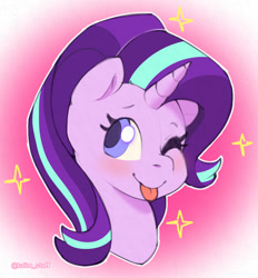 Size: 980x1054 | Tagged: safe, artist:talimingi, imported from derpibooru, starlight glimmer, ;p, blushing, bust, colored pupils, cute, glimmerbetes, one eye closed, portrait, solo, sparkles, tongue out, wink