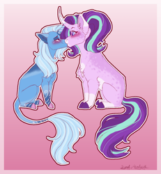Size: 1250x1350 | Tagged: safe, artist:windlylelka, imported from derpibooru, starlight glimmer, trixie, classical unicorn, pony, unicorn, blushing, chest fluff, cloven hooves, curved horn, duo, female, floppy ears, horn, kiss on the lips, kissing, leonine tail, lesbian, lidded eyes, mare, shipping, smiling, startrix, surprised, tail, unshorn fetlocks