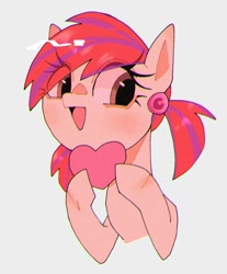 Size: 1148x1384 | Tagged: safe, artist:destroyer_aky, imported from derpibooru, oc, oc only, earth pony, pony, bust, earth pony oc, female, happy, heart, holding, looking at you, mare, open mouth, open smile, simple background, smiling, smiling at you, solo