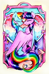 Size: 2343x3557 | Tagged: safe, artist:liaaqila, imported from derpibooru, rainbow dash, twilight sparkle, alicorn, pegasus, pony, commission, female, heart, hug, lesbian, shipping, twidash, twilight sparkle (alicorn), winghug, wings