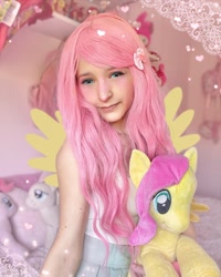 Size: 1080x1350 | Tagged: safe, artist:bunnypinkcess, imported from derpibooru, fluttershy, human, clothes, cosplay, costume, irl, irl human, photo, plushie, sleeveless