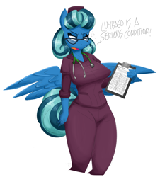 Size: 4700x5200 | Tagged: safe, artist:flutterthrash, imported from derpibooru, oc, oc only, oc:dewfus, anthro, breasts, clipboard, clothes, female, glasses, lumbago, mare, nurse, scrubs (gear), simple background, solo, stethoscope, text, white background