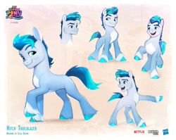 Size: 1080x860 | Tagged: safe, artist:celia kaspar, boulder media, imported from derpibooru, hitch trailblazer, earth pony, pony, alternate color palette, aside glance, blue coat, boulder media logo, coat markings, colored hooves, concept art, dreamworks face, g5, gradient mane, gradient tail, hasbro, hasbro logo, logo, looking at you, male, missing accessory, my little pony: a new generation, netflix, netflix logo, official, open mouth, pale belly, raised eyebrow, raised hoof, smiling, socks (coat markings), sparkling mane, stallion, tail, teal eyes, teal mane, teal tail, unshorn fetlocks, walking