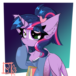 Size: 2000x2000 | Tagged: safe, artist:jubyskylines, imported from derpibooru, twilight sparkle, alicorn, book, chest fluff, ear fluff, gradient background, nerd, solo, twilight sparkle (alicorn)