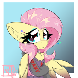 Size: 2000x2000 | Tagged: safe, artist:jubyskylines, imported from derpibooru, fluttershy, pegasus, pony, big ears, bust, chest fluff, choker, clothes, ear fluff, eyeshadow, female, gradient background, high res, hoodie, looking at you, makeup, mare, one wing out, smiling, solo, three quarter view, wings