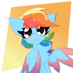Size: 2362x2362 | Tagged: safe, artist:jubyskylines, imported from derpibooru, rainbow dash, pegasus, pony, :3, chest fluff, colored wings, cute, dashabetes, ear fluff, eye clipping through hair, female, gradient background, mare, multicolored wings, solo, sparkly mane, wings
