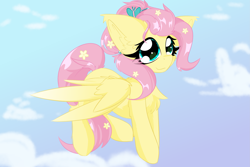 Size: 3543x2362 | Tagged: safe, artist:jubyskylines, imported from derpibooru, fluttershy, alternate hairstyle, chest fluff, ear fluff, flower, flower in hair, flying, solo