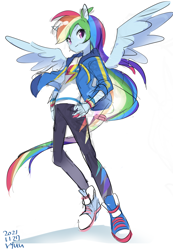 Size: 1280x1849 | Tagged: safe, artist:ryuu, imported from derpibooru, rainbow dash, equestria girls, equestria girls series, 2021, converse, female, looking at you, ponied up, shoes, simple background, sneakers, solo, spread wings, white background, wings