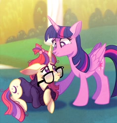 Size: 1583x1668 | Tagged: safe, artist:carouselunique, imported from derpibooru, moondancer, twilight sparkle, alicorn, pony, unicorn, amending fences, clothes, crying, cute, dancerbetes, duo, duo female, februpony, female, glasses, mare, messy mane, scene interpretation, sweater, twilight sparkle (alicorn)