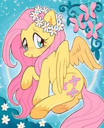 Size: 1440x1771 | Tagged: safe, artist:alexbeeza, imported from derpibooru, fluttershy, pegasus, pony, aside glance, blushing, colored hooves, female, floral head wreath, flower, flower in hair, looking at you, looking over shoulder, mare, open mouth, open smile, raised hoof, smiling, solo, spread wings, wings