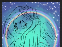 Size: 1264x974 | Tagged: safe, artist:alexbeeza, imported from derpibooru, fluttershy, pegasus, pony, female, flower, flower in hair, lineart, looking at you, looking over shoulder, mare, rainbow, solo