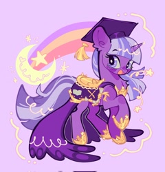 Size: 1966x2048 | Tagged: safe, artist:bunbunbewwii, imported from derpibooru, twilight twinkle, pony, unicorn, alternate design, crescent moon, female, graduation cap, hat, looking at you, mare, moon, open mouth, open smile, purple background, simple background, smiling, smiling at you, solo, stars