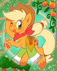 Size: 1664x2048 | Tagged: safe, artist:alexbeeza, imported from derpibooru, applejack, earth pony, pony, apple, apple tree, applejack's hat, cowboy hat, cute, female, food, freckles, hat, jackabetes, looking at you, mare, one eye closed, open mouth, open smile, rainbow, rope, smiling, smiling at you, solo, tree, wink, winking at you