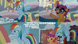 Size: 1280x720 | Tagged: safe, edit, edited screencap, editor:quoterific, imported from derpibooru, screencap, rainbow dash, scootaloo, pegasus, pony, marks for effort, season 8, spoiler:s08, duo, female, filly, flying, foal, groucho mask, mare, open mouth, open smile, school of friendship, smiling, spread wings, wings