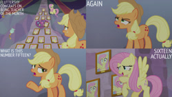 Size: 1280x720 | Tagged: safe, edit, edited screencap, editor:quoterific, imported from derpibooru, screencap, applejack, fluttershy, earth pony, pegasus, pony, teacher of the month (episode), spoiler:interseason shorts, applejack's hat, cowboy hat, duo, female, flying, hat, mare, open mouth, open smile, school of friendship, smiling, spread wings, wings