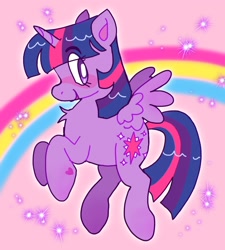 Size: 1842x2048 | Tagged: safe, artist:alexbeeza, imported from derpibooru, twilight sparkle, alicorn, pony, female, flying, looking at you, mare, pink background, rainbow, simple background, solo, sparkles, twilight sparkle (alicorn)