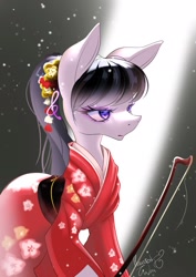 Size: 1448x2048 | Tagged: safe, artist:hauntedtuba, imported from derpibooru, octavia melody, earth pony, pony, alternate hairstyle, bow, clothes, female, flower, flower in hair, kimono (clothing), mare, solo