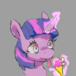 Size: 512x512 | Tagged: safe, artist:creamyogurt, imported from derpibooru, twilight sparkle, pony, unicorn, bust, female, food, glowing, glowing horn, gray background, horn, ice cream, ice cream cone, magic, mare, simple background, solo, telekinesis, three quarter view, tongue out