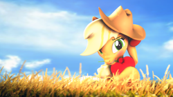 Size: 3840x2160 | Tagged: safe, artist:lagmanor, imported from derpibooru, part of a set, applejack, earth pony, pony, 3d, blushing, embarrassed, female, field, flower, flower in mouth, food, hat, heart, hearts and hooves day, high res, holiday, hoof hold, hooves, looking at you, mane, mare, mouth hold, raised leg, rose, rose in mouth, shy, sitting, smiling, smiling at you, solo, source filmmaker, valentine's day, wheat