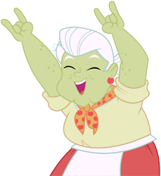 Size: 8364x9185 | Tagged: safe, artist:wissle, imported from derpibooru, granny smith, equestria girls, absurd resolution, arms in the air, cheering, clothes, cute, eyes closed, female, happy, open mouth, rock on, simple background, smiling, solo, transparent background, vector