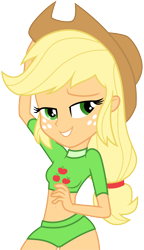 Size: 5328x9254 | Tagged: safe, artist:cloudy glow, artist:wissle, imported from derpibooru, applejack, equestria girls, absurd resolution, applejack's hat, arm behind head, bedroom eyes, belly button, breasts, clothes, cowboy hat, cute, female, hat, jackabetes, looking at you, midriff, sexy, simple background, smiling, stupid sexy applejack, sultry pose, swimsuit, transparent background, vector