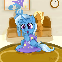 Size: 1280x1280 | Tagged: safe, artist:brella, imported from derpibooru, jack pot, sunflower spectacle, trixie, pony, unicorn, clock, clothes, couch, cute, diatrixes, eyelashes, family, female, filly, filly trixie, foal, happy, hat, horn, male, mare, open mouth, open smile, smiling, stallion, tail, trixie's hat, younger