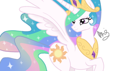 Size: 1280x720 | Tagged: safe, artist:sallyso, imported from derpibooru, princess celestia, alicorn, pony, ethereal mane, eyelashes, female, jewelry, looking back, mare, peytral, simple background, solo, starry mane, tiara, white background