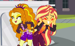 Size: 3000x1821 | Tagged: safe, artist:ktd1993, imported from derpibooru, adagio dazzle, sunset shimmer, equestria girls, equestria girls series, sunset's backstage pass!, spoiler:eqg series (season 2), blushing, butt bump, female, lesbian, shipping, sunsagio