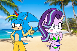 Size: 1200x795 | Tagged: safe, artist:shield-wing1996, imported from derpibooru, starlight glimmer, oc, anthro, equestria girls, base used, beach, bikini, breasts, clothes, palm tree, sonic the hedgehog (series), sonicified, swimsuit, tree