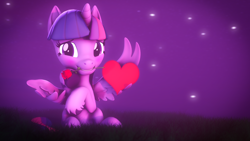 Size: 3840x2160 | Tagged: safe, artist:lagmanor, imported from derpibooru, part of a set, twilight sparkle, alicorn, pony, 3d, awkward smile, blushing, flower, grass, grass field, heart, hearts and hooves day, high res, hooves, looking at you, mane, mouth hold, rose, shy, sitting, smiling, smiling at you, solo, source filmmaker, starry sky, stars, twilight sparkle (alicorn), unshorn fetlocks, wing hands, wing hold, wings