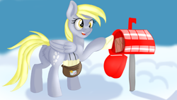 Size: 1920x1080 | Tagged: safe, artist:jbond, imported from derpibooru, derpy hooves, pegasus, pony, butt, cloud, cloudy, cute, female, mail, mailbag, mailbox, mailmare, mailpony, mare, open mouth, plot, redraw, solo