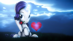 Size: 3840x2160 | Tagged: safe, artist:lagmanor, imported from derpibooru, part of a set, rarity, pony, unicorn, 3d, flower, flower in mouth, glowing, glowing horn, grass, grass field, heart, hearts and hooves day, high res, holiday, hooves, horn, looking at you, magic, makeup, mane, moonlight, mouth hold, night, rose, rose in mouth, sitting, solo, source filmmaker, telekinesis, valentine's day