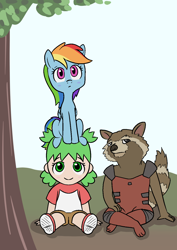 Size: 1000x1414 | Tagged: safe, artist:happy harvey, imported from derpibooru, rainbow dash, anthro, human, pegasus, pony, raccoon, blushing, child, crossover, drawthread, female, looking up, male, mare, marvel, phone drawing, rocket raccoon, sitting, sitting on person, tree, yotsuba