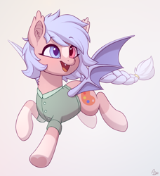 Size: 810x890 | Tagged: safe, artist:luminousdazzle, imported from derpibooru, oc, oc only, oc:scribbles, bat pony, pony, bat pony oc, bat wings, blaze (coat marking), braid, braided tail, clothes, coat markings, cute, ear fluff, ear tufts, eyebrows, eyebrows visible through hair, facial markings, fangs, female, full body, happy, heterochromia, hooves, mare, open mouth, open smile, running, shirt, signature, simple background, smiling, socks (coat markings), solo, spread wings, tail, three quarter view, underhoof, wings