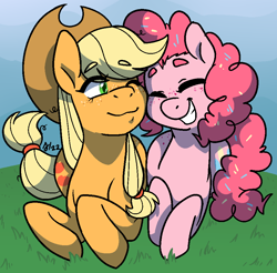 Size: 904x889 | Tagged: safe, artist:/d/non, imported from derpibooru, applejack, pinkie pie, earth pony, pony, blonde hair, confetti, duo, eyebrows, eyebrows visible through hair, eyes closed, februpony, female, freckles, grass, green eyes, mare, one eye closed, orange fur, pink fur, pink hair, smiling, wink