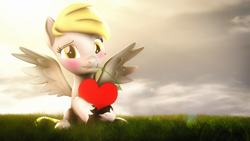 Size: 3840x2160 | Tagged: safe, artist:lagmanor, imported from derpibooru, part of a set, derpy hooves, pegasus, pony, 3d, awkward smile, blushing, derp, derpy being derpy, flower, flower in mouth, grass, grass field, heart, hearts and hooves day, high res, holiday, hoof hold, hooves, looking at you, mane, mouth hold, rose, rose in mouth, sitting, smiling, solo, source filmmaker, spread wings, sunlight, valentine's day, wings