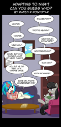 Size: 960x2000 | Tagged: safe, artist:shujiwakahisaa, imported from derpibooru, dj pon-3, octavia melody, vinyl scratch, earth pony, pony, undead, unicorn, vampire, vampony, comic:adapting to night, book, comic, couch, dialogue, glowing, glowing horn, horn, magic, table, telekinesis