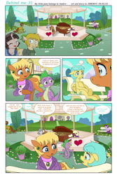 Size: 1536x2300 | Tagged: safe, artist:jeremy3, imported from derpibooru, ms. harshwhinny, spike, sunshower raindrops, oc, oc:valentine, dragon, earth pony, pegasus, pony, unicorn, comic:behind me, alternate universe, bench, cello, clothes, comic, gazebo, house, musical instrument, piano, ponyville