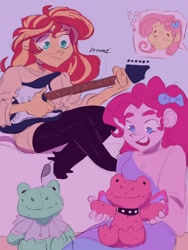 Size: 1536x2048 | Tagged: safe, artist:dreamz, imported from derpibooru, fluttershy, pinkie pie, sunset shimmer, frog, equestria girls, aesthetics, bow, build-a-bear, choker, clothes, curious, electric guitar, female, guitar, hair bow, hoodie, jeans, lesbian, musical instrument, pants, plushie, question mark, shipping, socks, spiked choker, spring frog, sunsetpie, sweater, trio