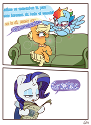 Size: 1524x2083 | Tagged: safe, artist:lou, imported from derpibooru, applejack, rainbow dash, rarity, earth pony, pegasus, pony, unicorn, the last problem, appledash, blushing, comic strip, couch, dialogue, eyeshadow, female, flattered, lesbian, makeup, newspaper, older, older applejack, older rainbow dash, older rarity, serious, serious face, shipping, spanish, speech bubble, translation, translator:zariots