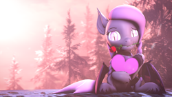 Size: 3840x2160 | Tagged: safe, artist:lagmanor, imported from derpibooru, part of a set, oc, oc only, oc:wintergleam, bat pony, pony, 3d, bat ears, bat eyes, braid, cliff, fangs, flower, flower in mouth, forest, forest background, glowing, glowing eyes, heart, hearts and hooves day, holiday, hoof hold, hooves, looking at you, mane, morning, mouth hold, pine tree, rose, rose in mouth, sitting, snow, snowfall, solo, source filmmaker, sunlight, tree, valentine's day