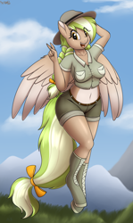 Size: 2500x4189 | Tagged: safe, artist:an-tonio, imported from derpibooru, oc, oc only, oc:sylvia evergreen, anthro, pegasus, unguligrade anthro, art trade, belly, belly button, boots, braided pigtails, clothes, female, flying, freckles, hair tie, hat, high res, looking at you, midriff, pale belly, peace sign, pegasus oc, ranger, shoes, short shirt, shorts, solo, uniform, white belly, wings