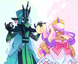 Size: 1280x1058 | Tagged: safe, artist:hoaxghost, imported from derpibooru, princess cadance, queen chrysalis, changeling, human, annoyed, belt, bracelet, breasts, busty princess cadance, cadalis, chubby, clothes, crown, dark skin, dress, duo, ear piercing, earring, female, grin, heart, horn, horned humanization, humanized, infidelity, jewelry, lesbian, piercing, regalia, shipping, simple background, smiling, white background, winged humanization, wings