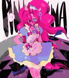Size: 1050x1190 | Tagged: safe, artist:raimugi____, imported from derpibooru, pinkie pie, equestria girls, clothes, dress, exclamation point, hair over one eye, maid, pinkamena diane pie, solo