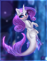 Size: 1280x1657 | Tagged: safe, artist:copshop, imported from derpibooru, rarity, merpony, seapony (g4), unicorn, blue eyes, blushing, bubble, dorsal fin, eyelashes, eyeshadow, female, fish tail, flowing mane, flowing tail, glitter, horn, jewelry, lidded eyes, logo, looking at you, looking back, looking back at you, looking over shoulder, makeup, mare, necklace, ocean, open mouth, pearl necklace, purple hair, purple mane, seaponified, seapony rarity, seaquestria, smiling, smiling at you, solo, sparkling mane, species swap, swimming, tail, underwater, water
