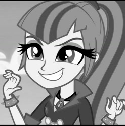 Size: 1080x1094 | Tagged: safe, edit, imported from derpibooru, sonata dusk, equestria girls, black and white, cute, grayscale, monochrome, smiling